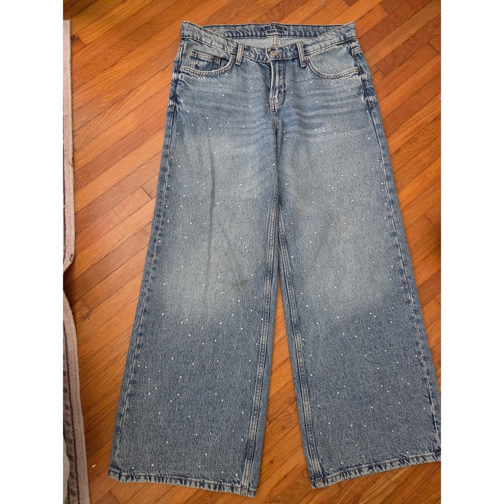 Arizona Jean Co Womens Wide Leg Rhinestone Embellished Jeans Light Wash Size 8S